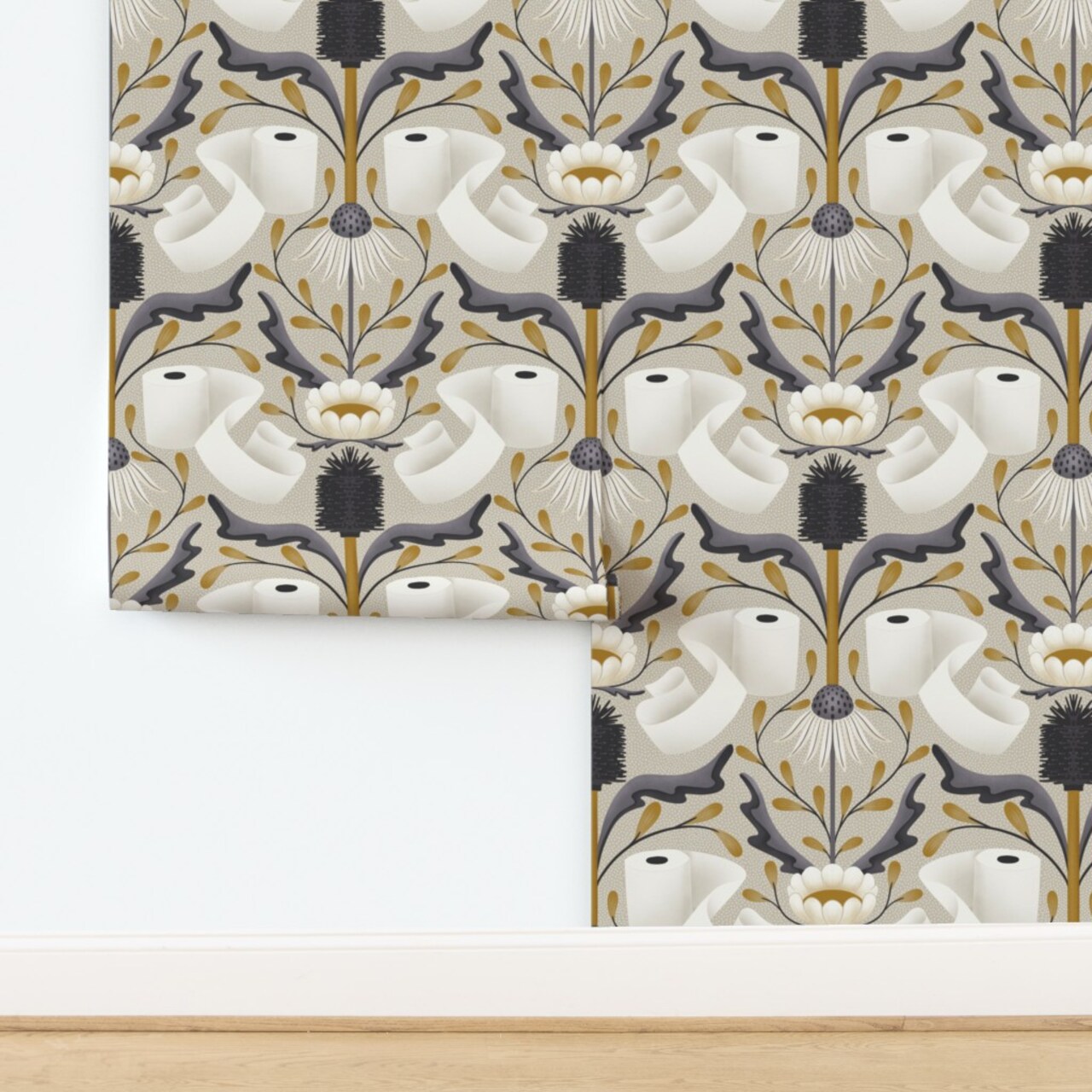 Abstract Bathroom Toilet Paper Damask Novelty Washroom Funny Bath Brush Flowers Floral Dots Jokes Custom Pre-pasted Wallpaper by Spoonflower Pre-Pasted Wallpaper 2FT Wide